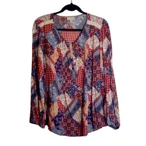 dressbarn Boho Peasant Patchwork Americana Long Sleeve Pullover Top 1X Red Multi